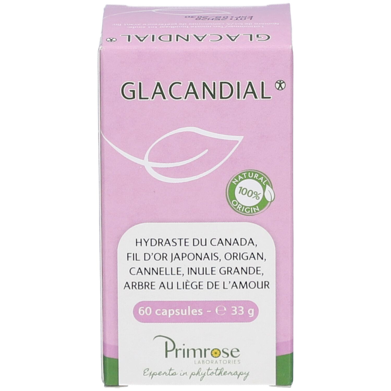 Productverpakking. Roze doos met productnaam en informatie. 60 capsules.