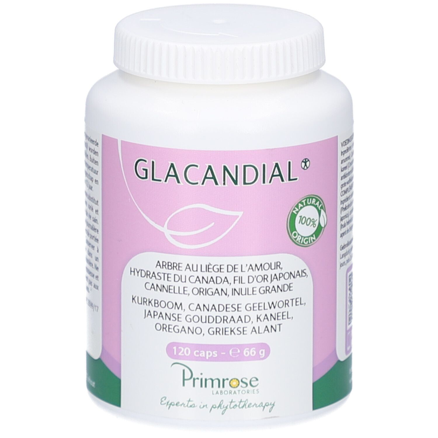 Witte fles met roze etiket. Opschrift: Glacandial, 120 capsules, 66 g. Primrose Laboratories.
