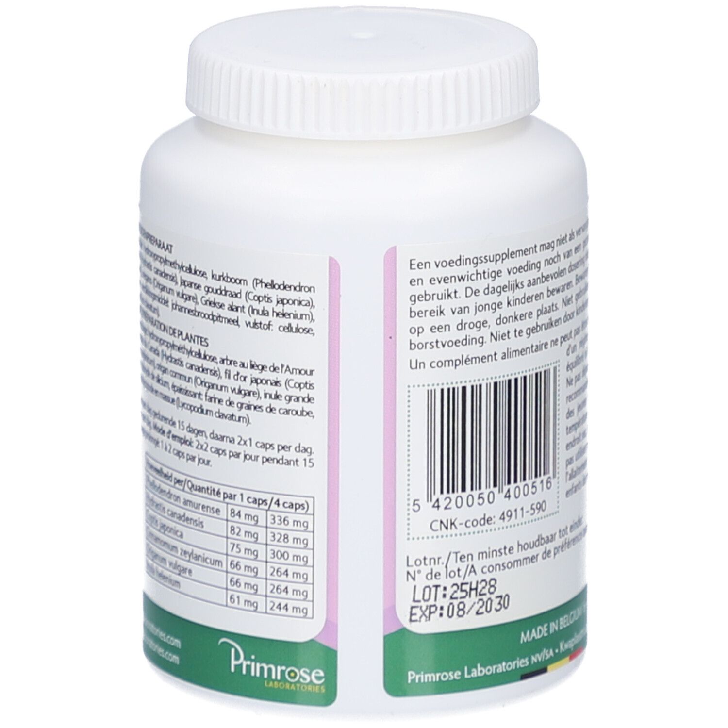 Achterkant van de witte fles. Meertalige tekst. Opschrift: Glacandial. Primrose Laboratories.