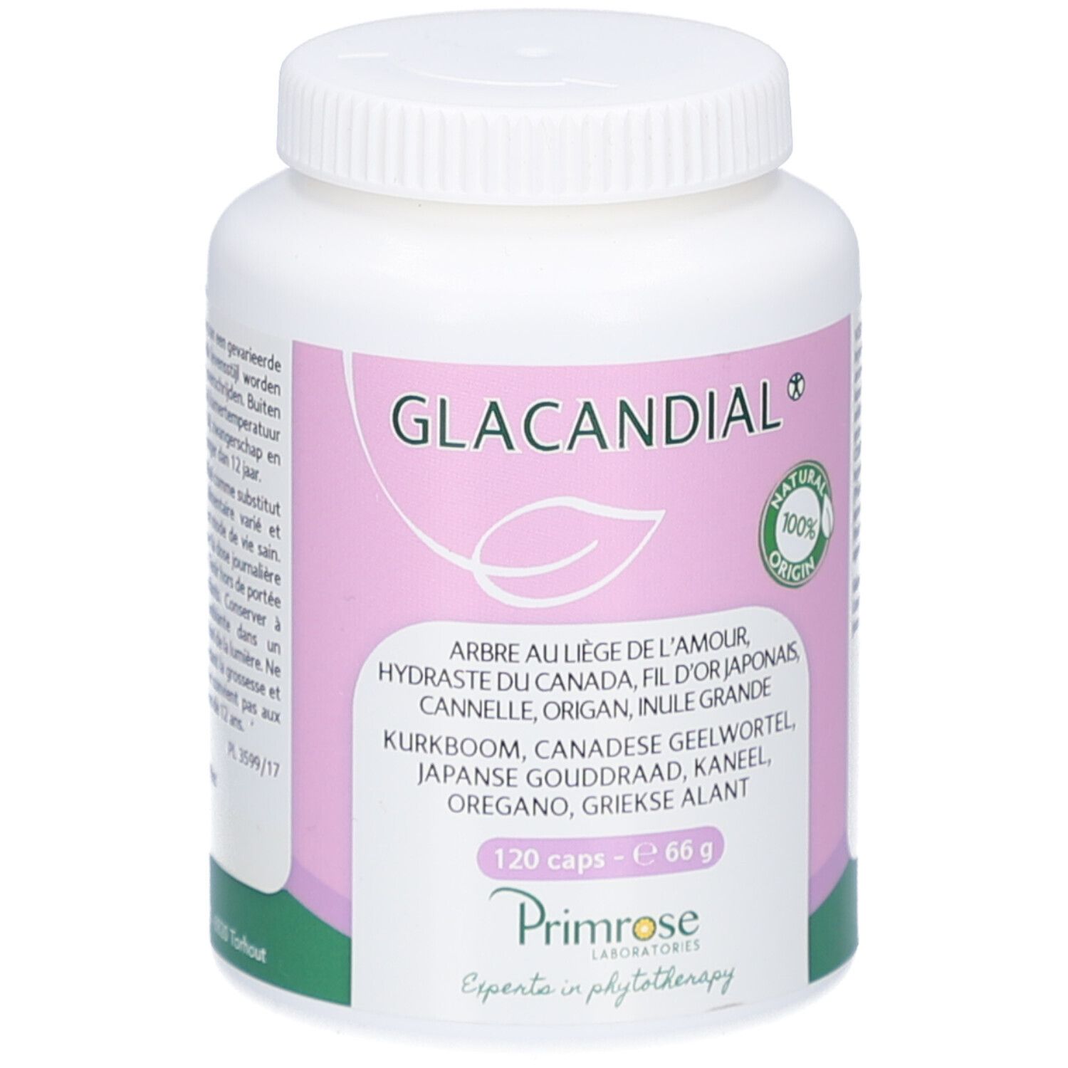 Witte fles met roze etiket. Opschrift: Glacandial, 120 capsules, 66 g. Primrose Laboratories.