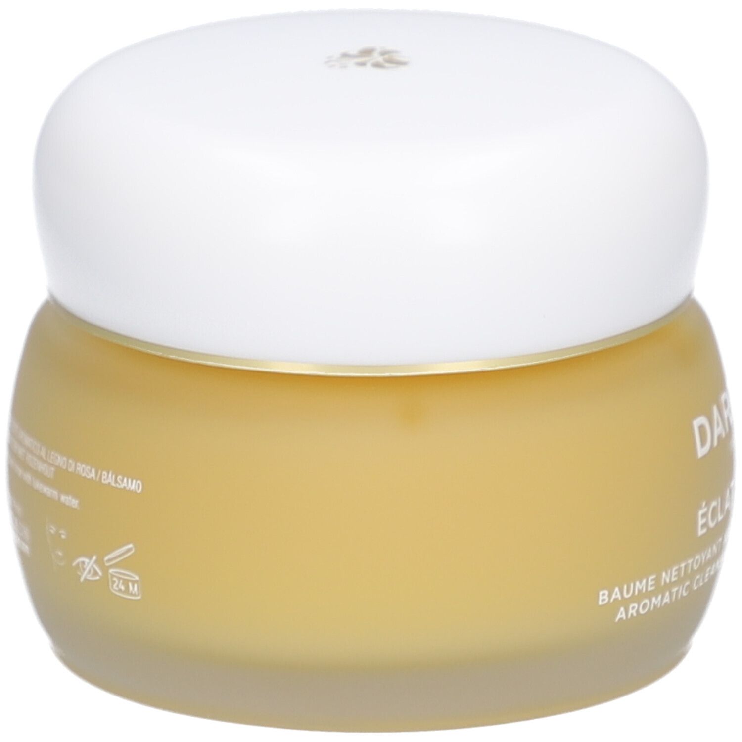 Baume jaune dans un pot rond avec couvercle blanc. Inscription illisible.