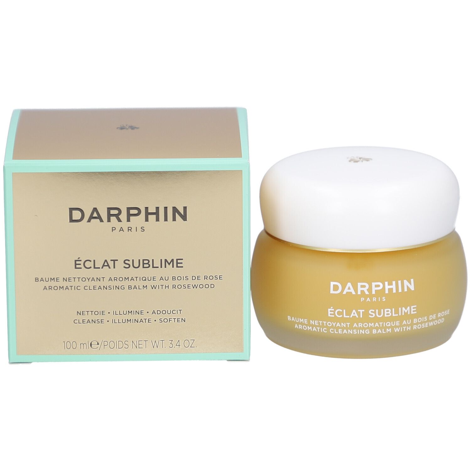 Produit et emballage. Pot en verre avec crème jaunâtre et couvercle blanc. Texte: Darphin, Eclat Sublime.