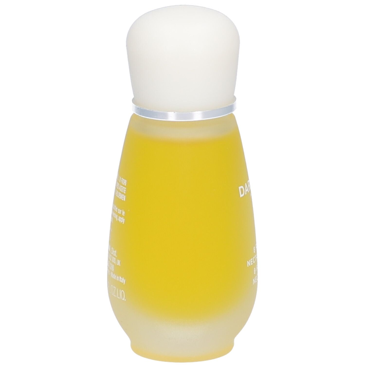 Flacon goutte jaune avec bouchon blanc. Inscription illisible.