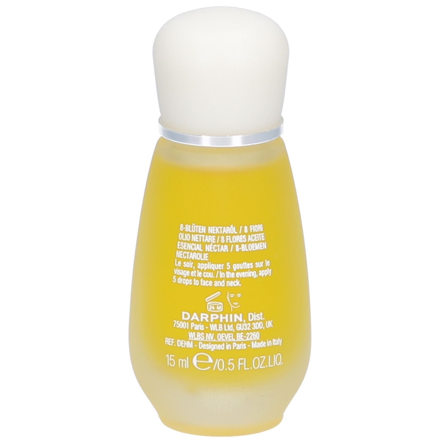 Flacon goutte avec liquide jaune et bouchon blanc. Texte: 15 ml, 0.5 FL.OZ.LIQ, Darphin.