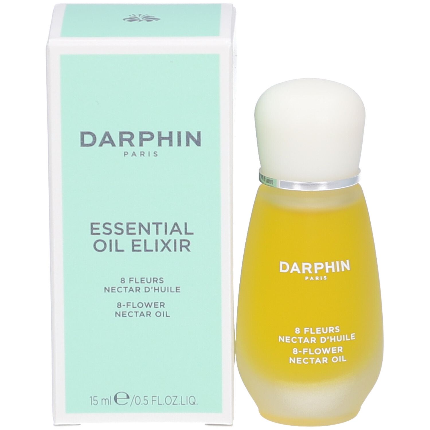 Flacon et boîte. Flacon: liquide jaune, bouchon blanc. Boîte: verte, texte: Darphin, 15 ml.
