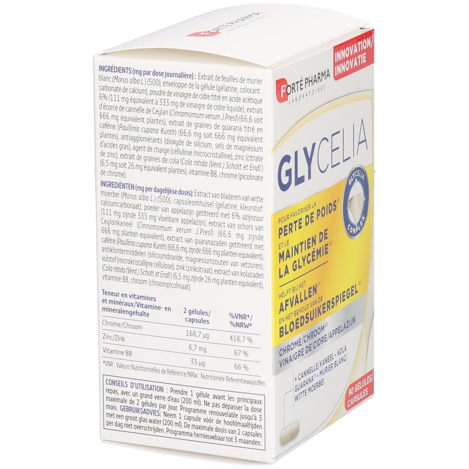 Boîte blanche Forte Pharma Glycelia. Dos avec ingrédients et informations nutritionnelles. Contient 90 gélules.