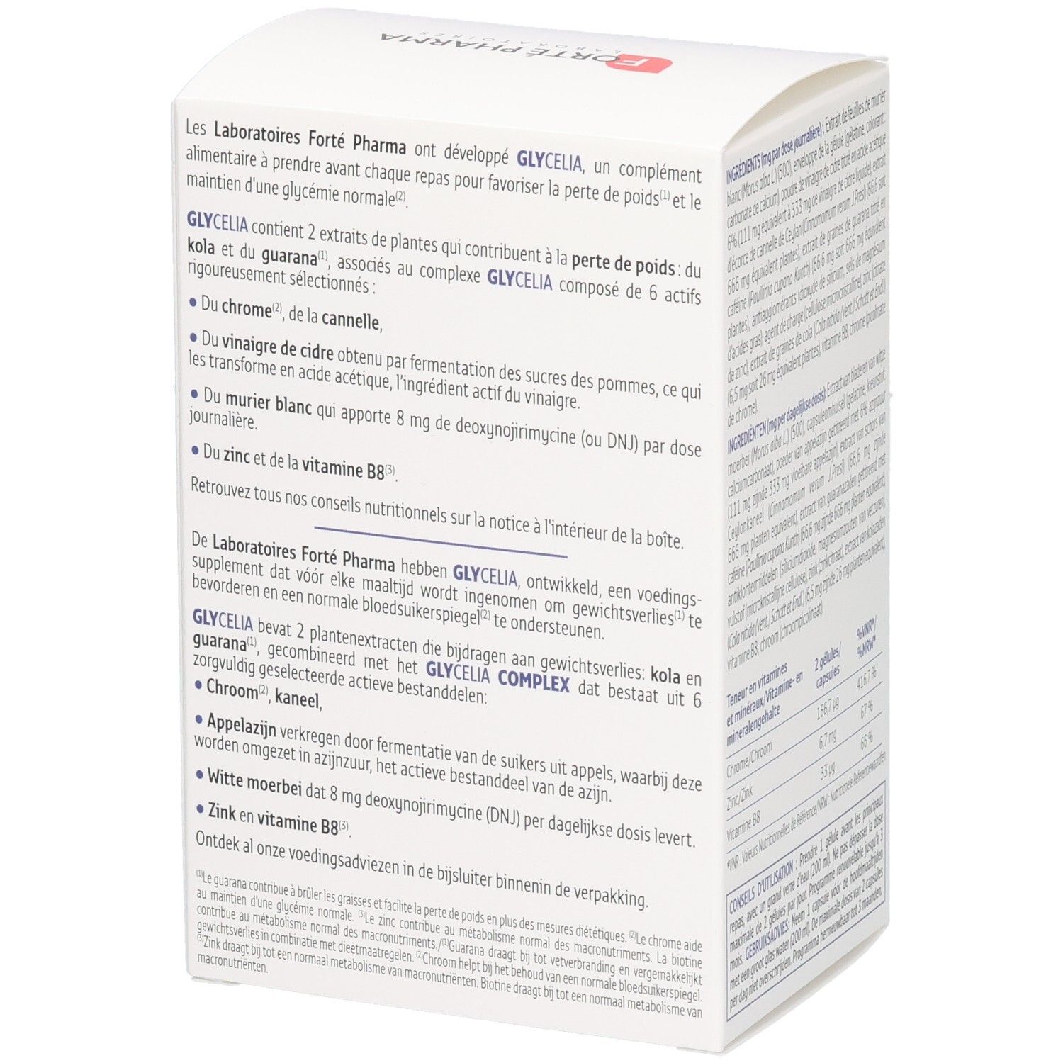 Boîte blanche Forte Pharma Glycelia. Texte en français et néerlandais. Contient 90 gélules.