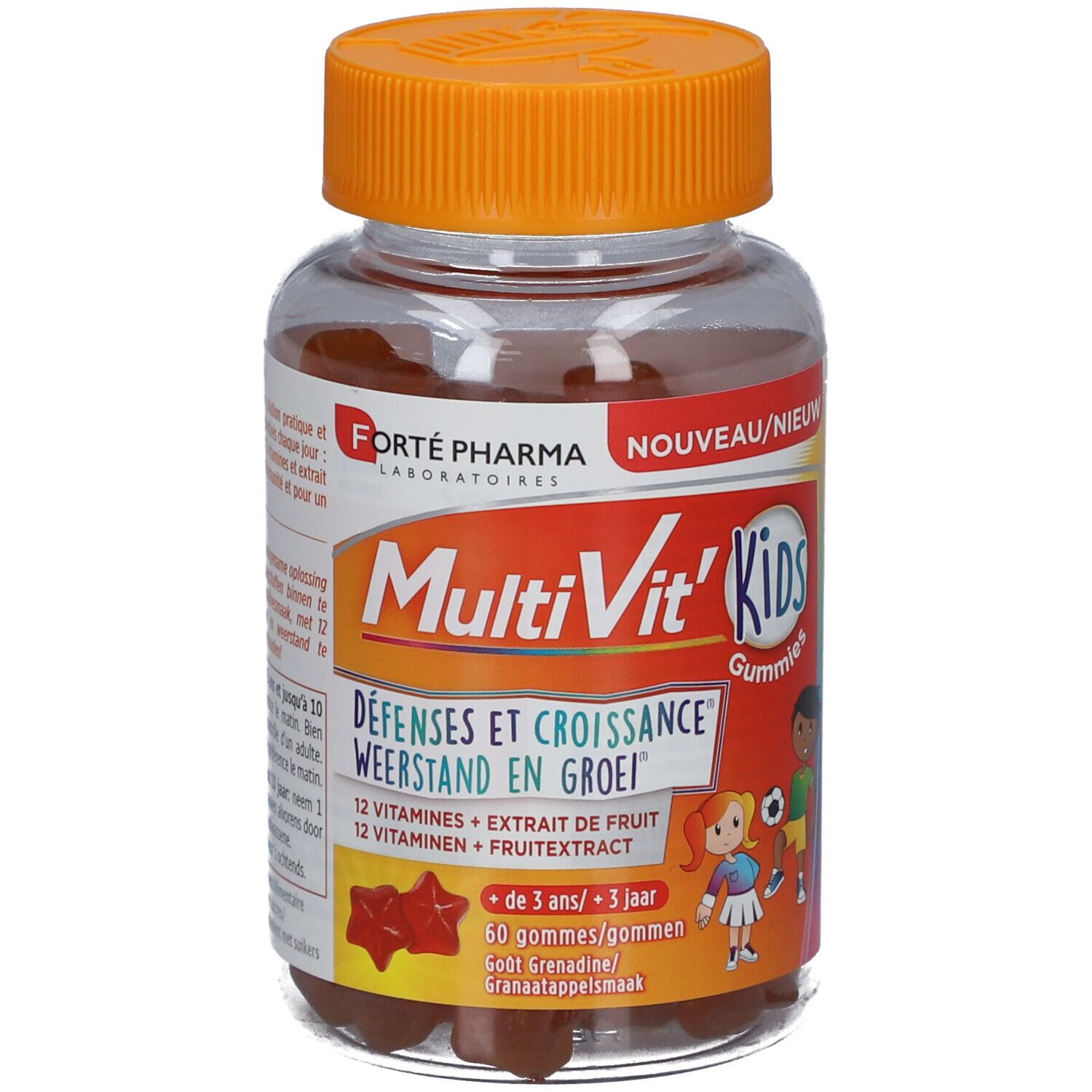 Flacon transparent avec bouchon orange. Étiquette avec nom du produit, ingrédients et logo.
