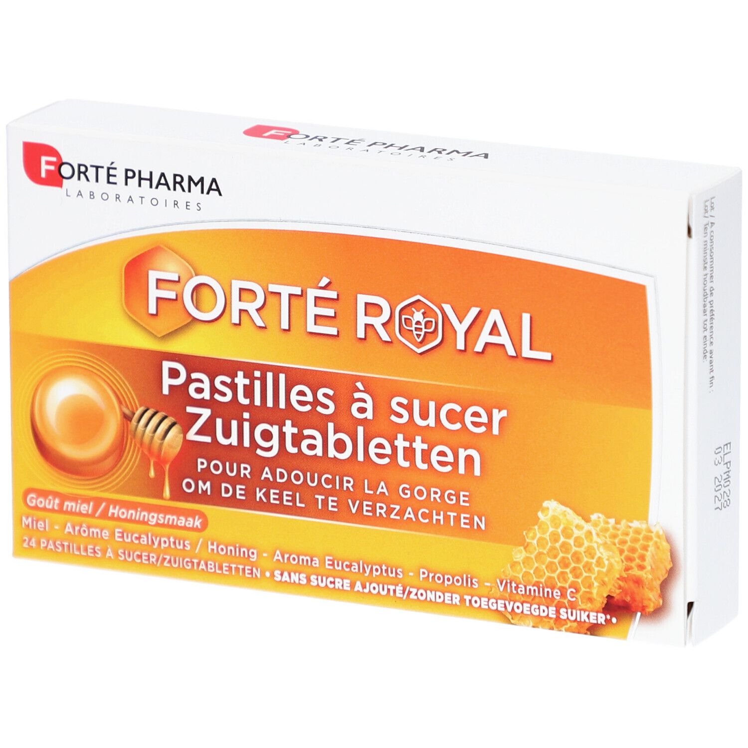 Doosje Forte Pharma Forte Royal zuigtabletten. Oranje design met productnaam en honingmotief.