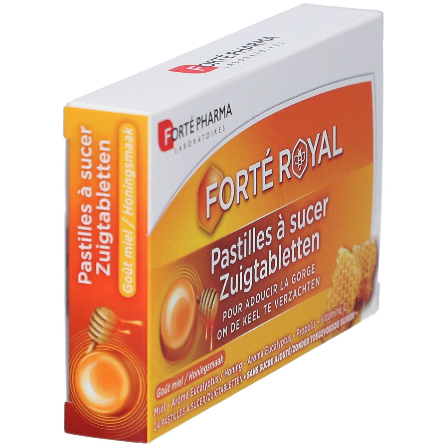 Doosje Forte Pharma Forte Royal zuigtabletten. Schuine weergave. Oranje design met productnaam en honingmotief.