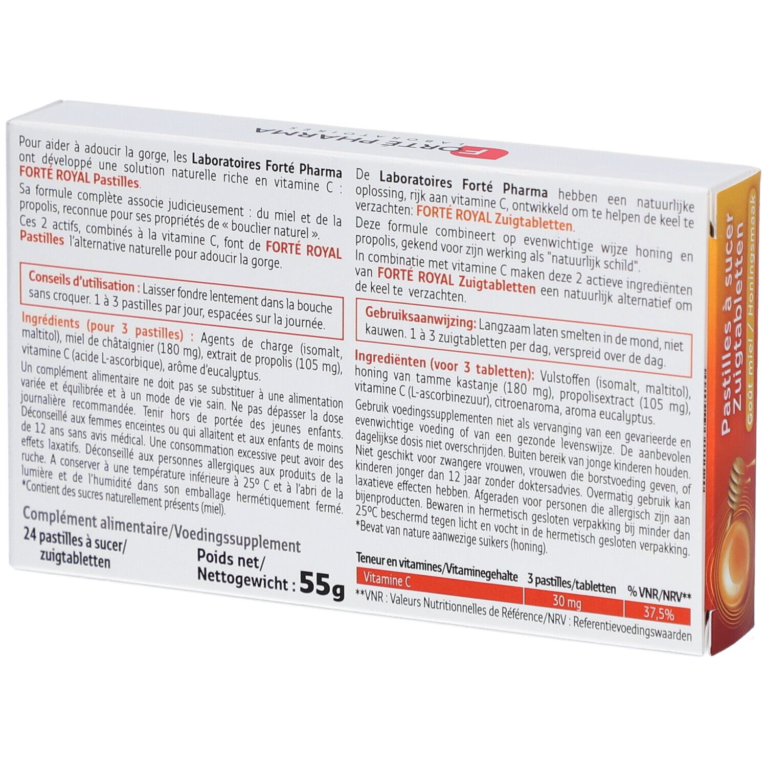 Achterkant van de doos Forte Pharma Forte Royal zuigtabletten. Tekstinformatie, ingrediënten en voedingswaarden.