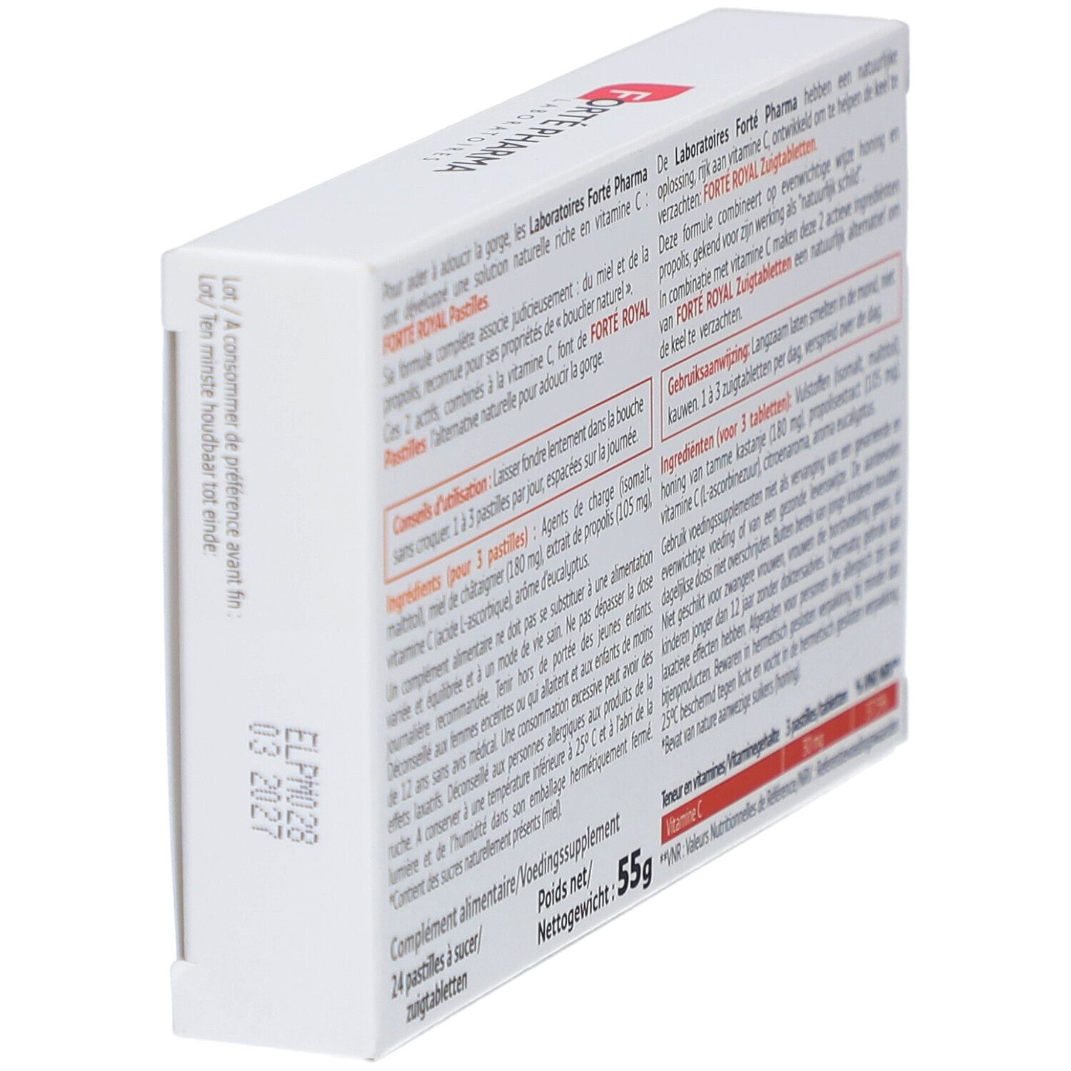 Achterkant van de doos Forte Pharma Forte Royal zuigtabletten. Tekst, ingrediënten, voedingswaarden en vervaldatum.