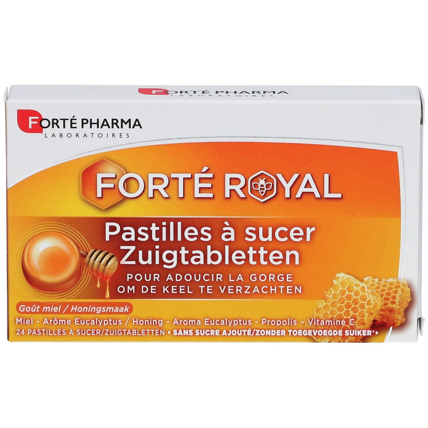 Doosje Forte Pharma Forte Royal zuigtabletten. Vooraanzicht. Oranje design met productnaam en honingmotief.