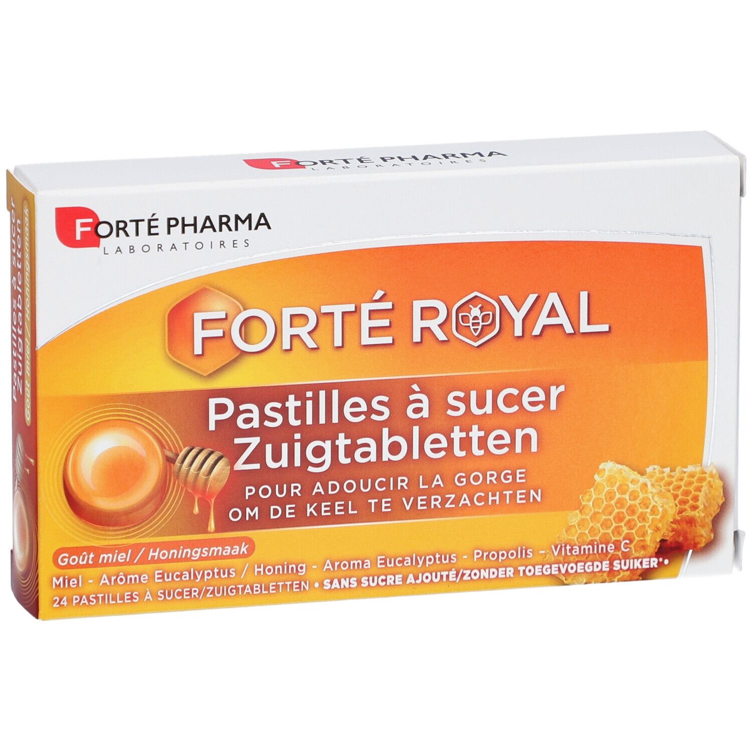 Doosje Forte Pharma Forte Royal zuigtabletten. Vooraanzicht. Oranje design met productnaam en honingmotief.