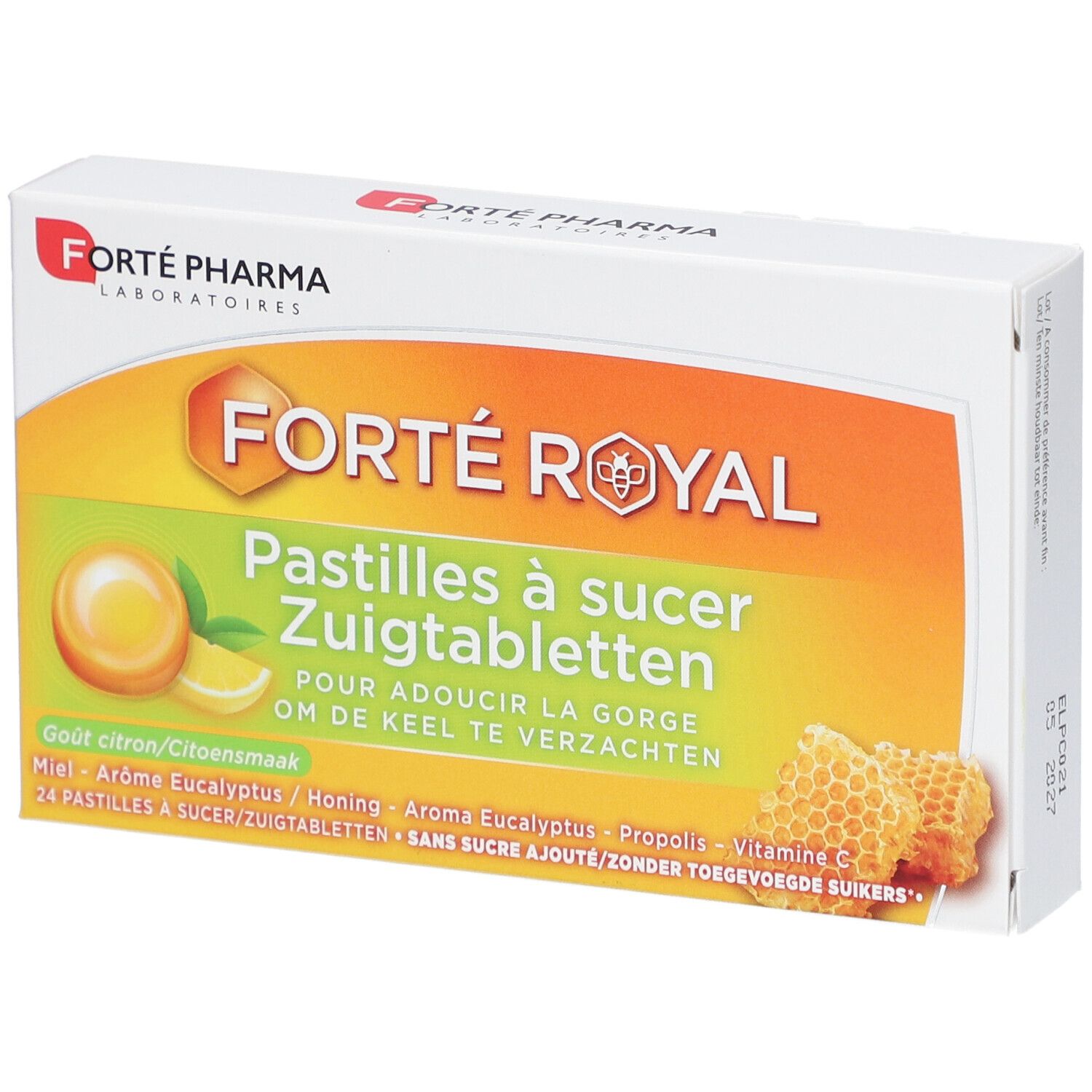 Doosje Forte Pharma Forte Royal zuigtabletten. Oranje-geel ontwerp met productnaam en ingrediënten.
