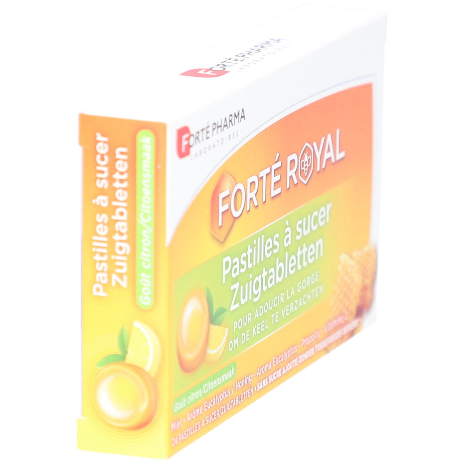 Doosje Forte Pharma Forte Royal zuigtabletten. Schuine weergave, oranje-geel ontwerp, productnaam en ingrediënten.
