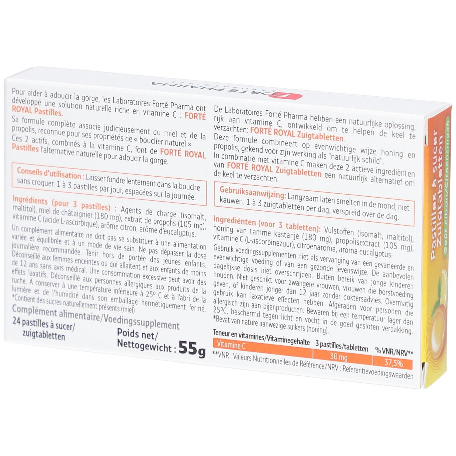 Achterkant van de doos Forte Pharma Forte Royal zuigtabletten. Tekst met ingrediënten en gebruiksaanwijzing.
