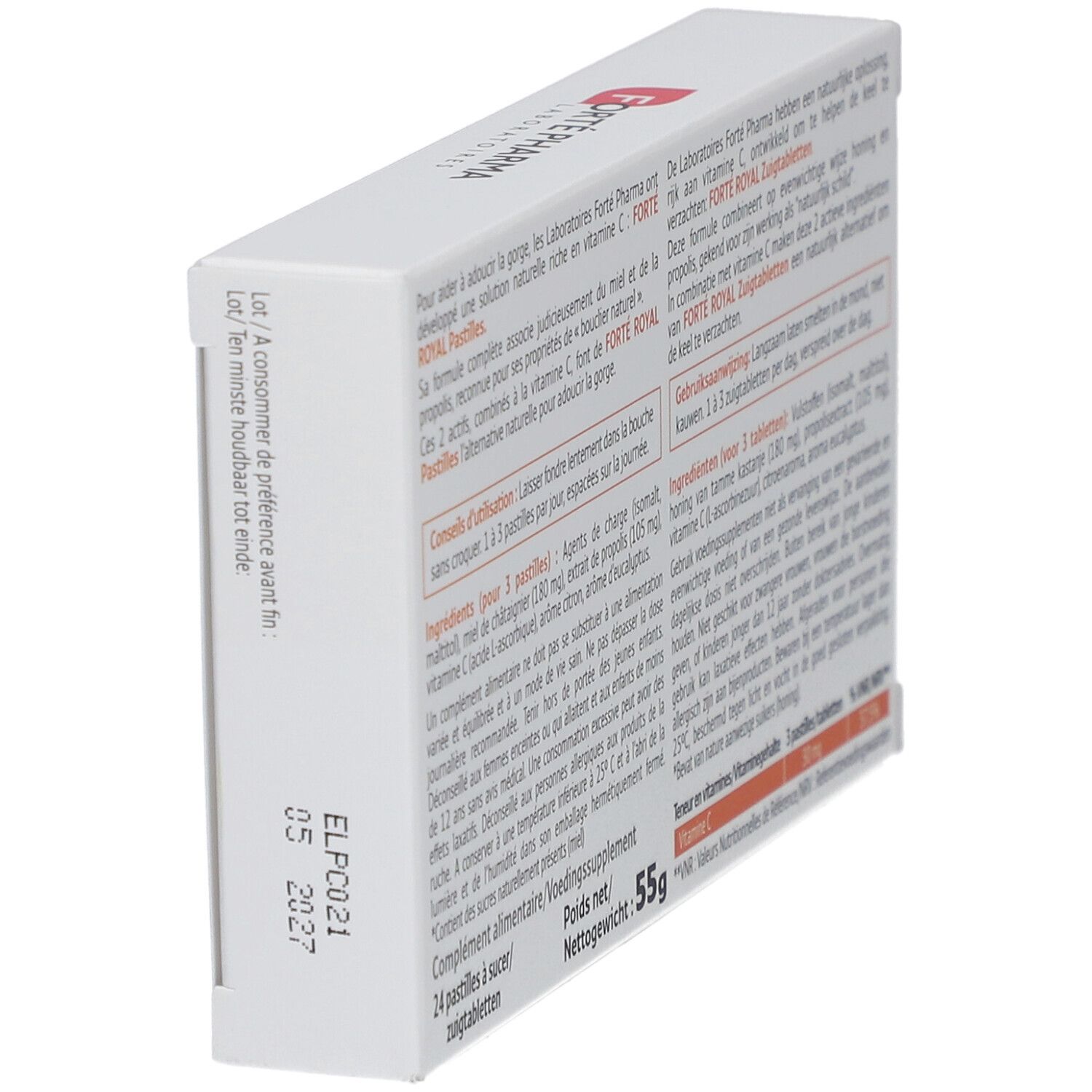 Zijaanzicht van de doos Forte Pharma Forte Royal zuigtabletten. Tekst met houdbaarheidsdatum en gewicht.