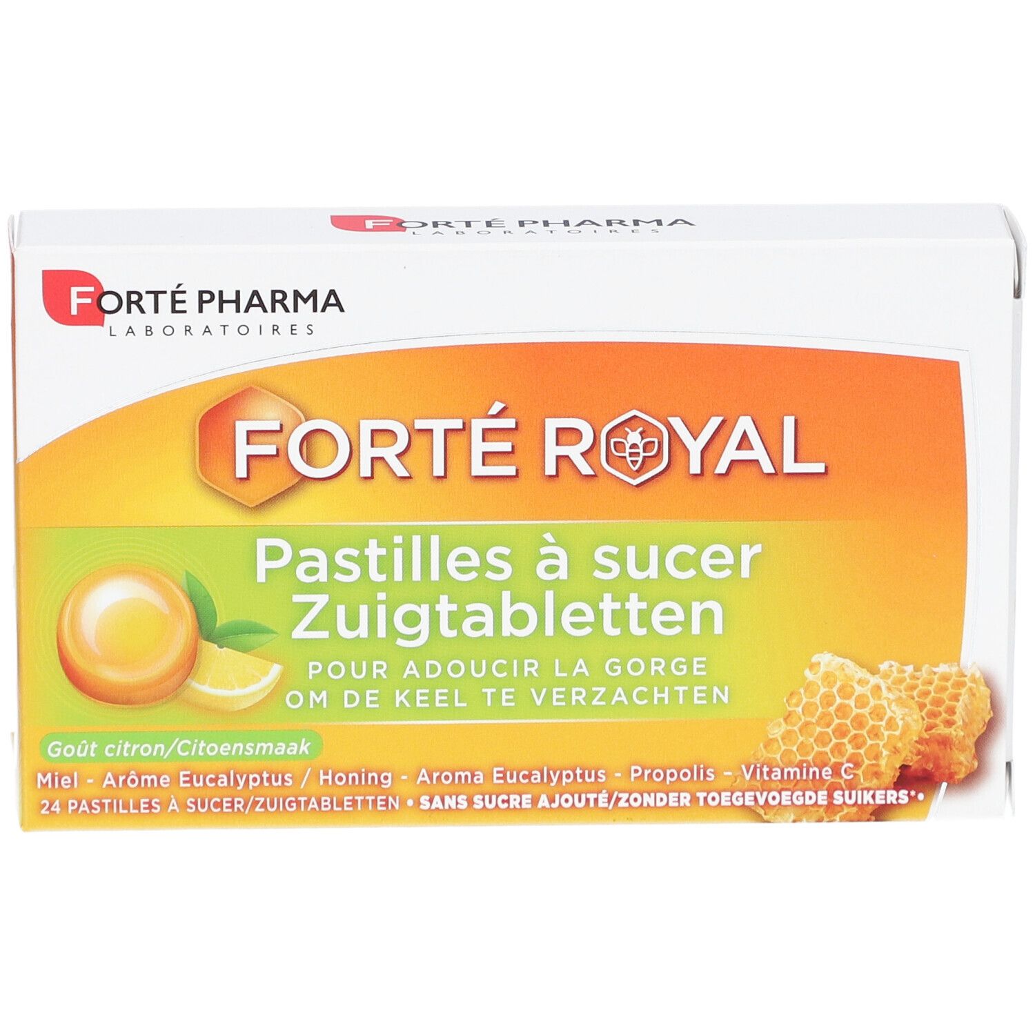 Doosje Forte Pharma Forte Royal zuigtabletten. Vooraanzicht, oranje-geel ontwerp, productnaam en ingrediënten.