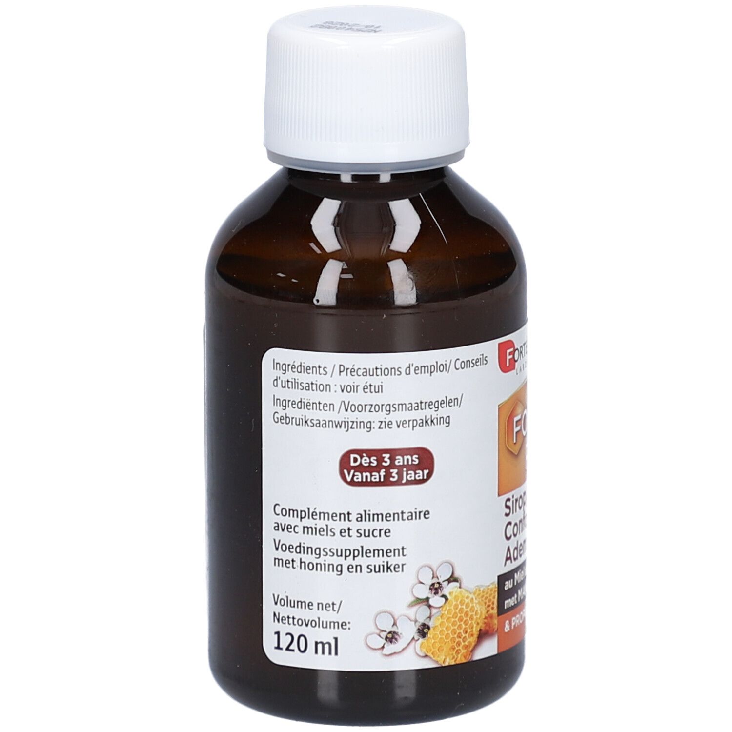 Bruine fles met witte dop. Etiket met productinformatie. Tekst: Forte Pharma, vanaf 3 jaar.