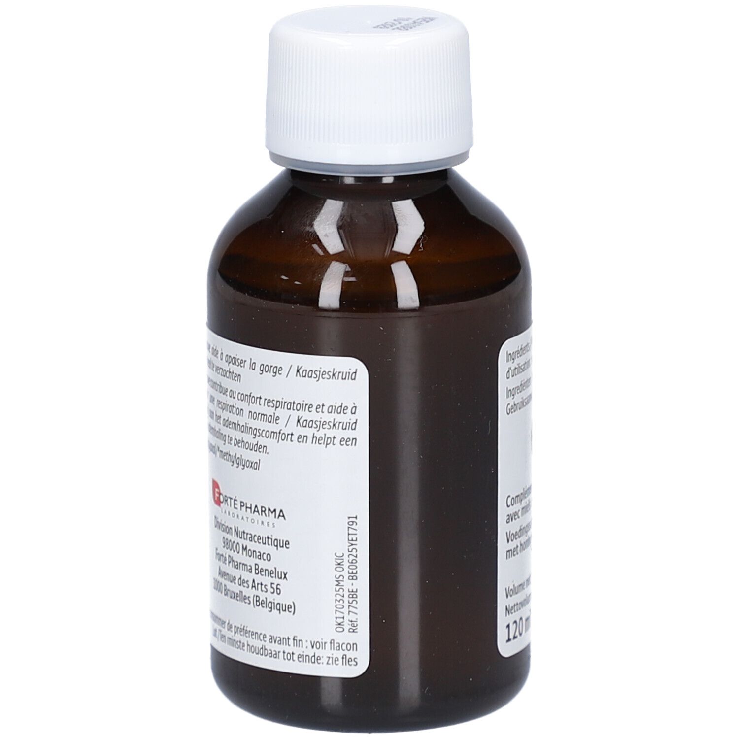 Bruine fles met witte dop. Etiket met productinformatie. Tekst: Forte Pharma.