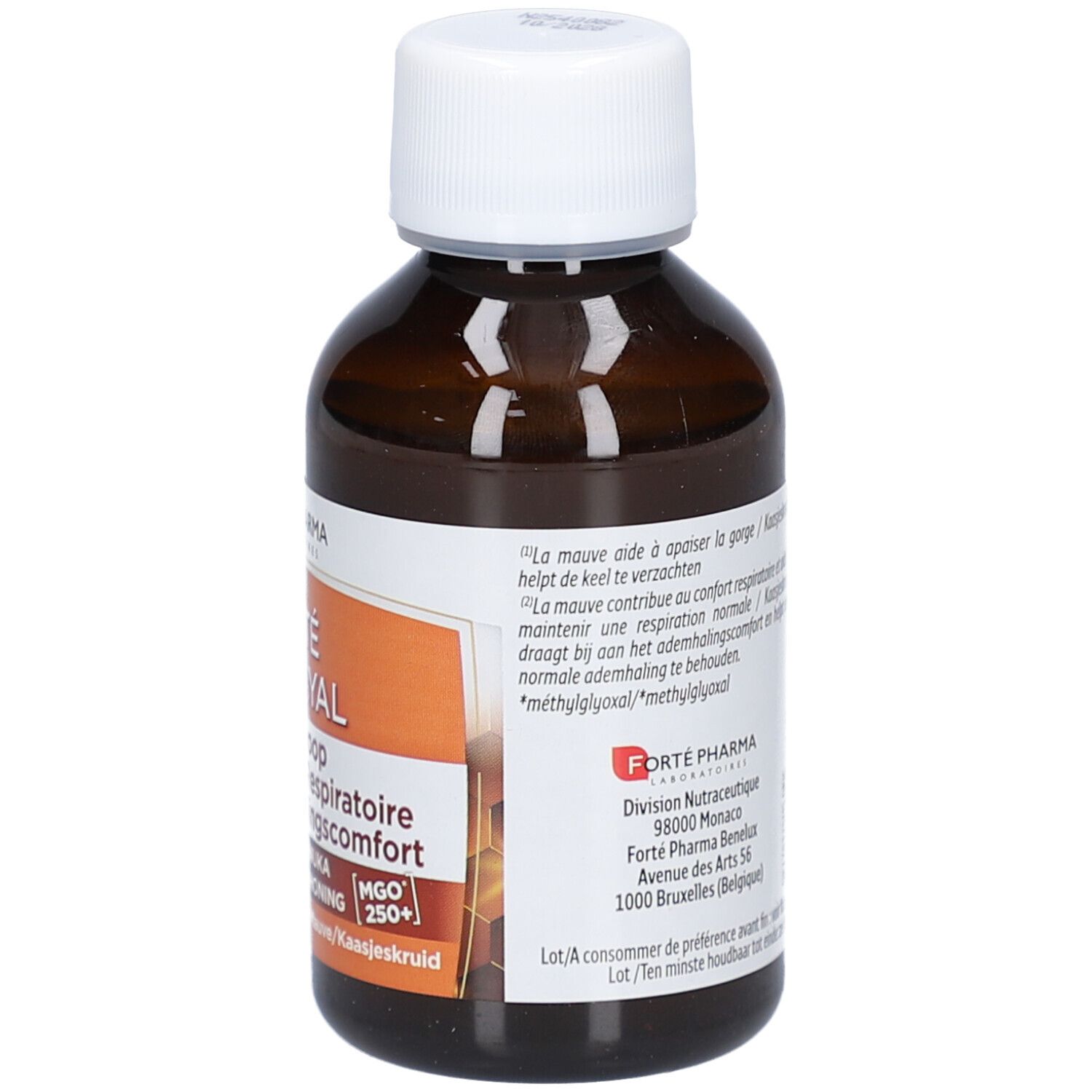 Bruine fles met witte dop. Etiket met productinformatie. Tekst: Forte Royal, MGO 250+.