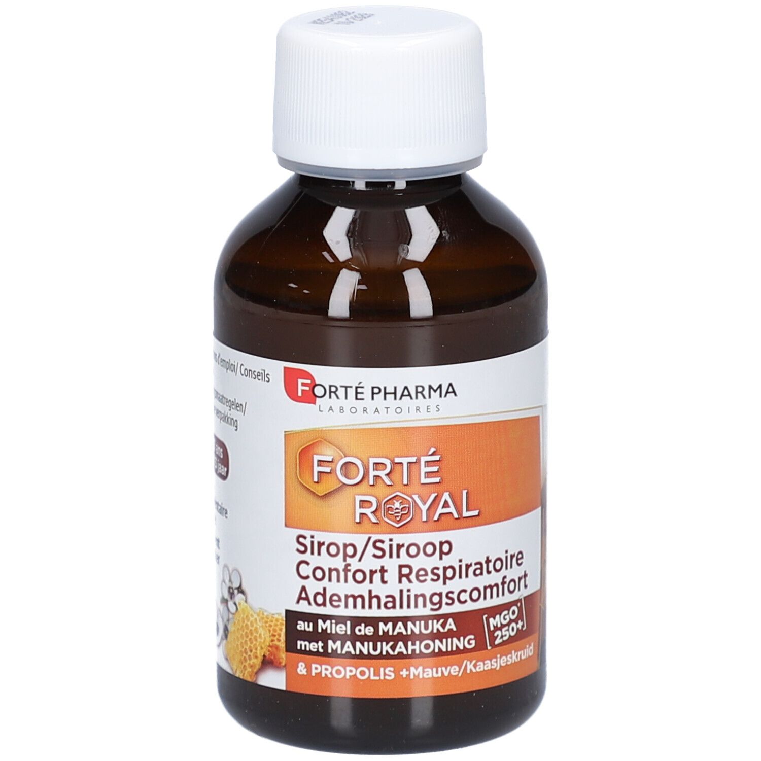 Bruine fles met witte dop. Etiket met productinformatie. Tekst: Forte Royal, MGO 250+.