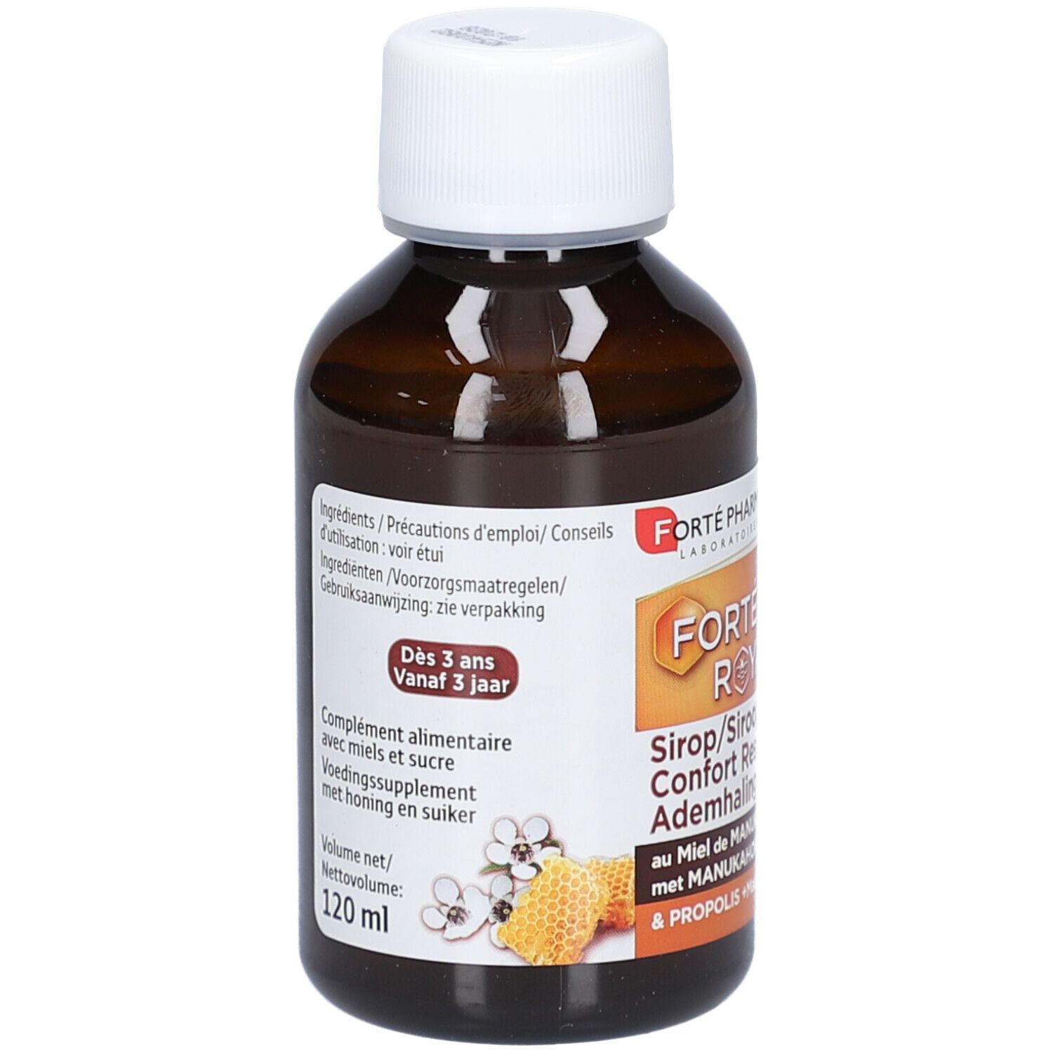 Bruine fles met witte dop. Etiket met productinformatie. Tekst: Forte Pharma, vanaf 3 jaar.