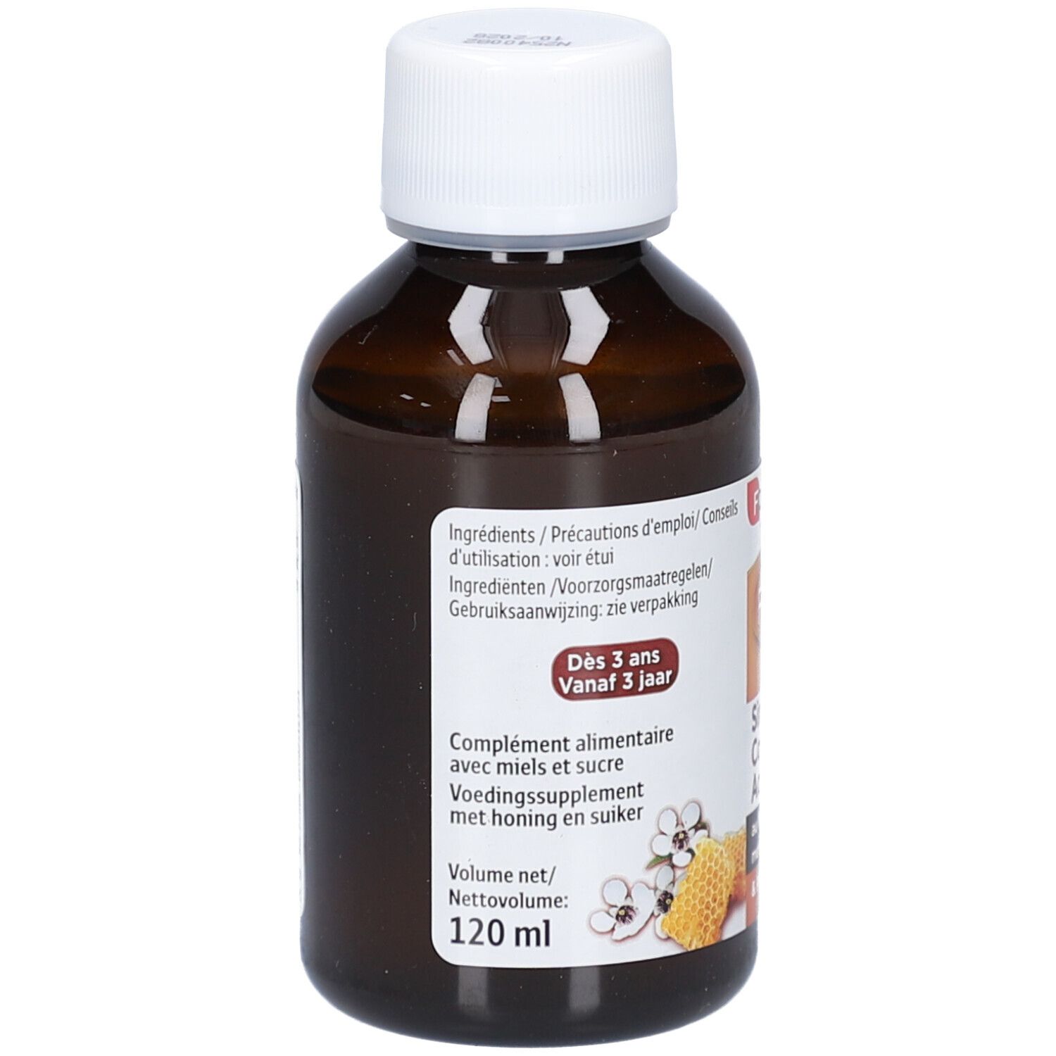 Bruine fles met witte dop. Etiket met productinformatie. Tekst: Forte Pharma, vanaf 3 jaar.