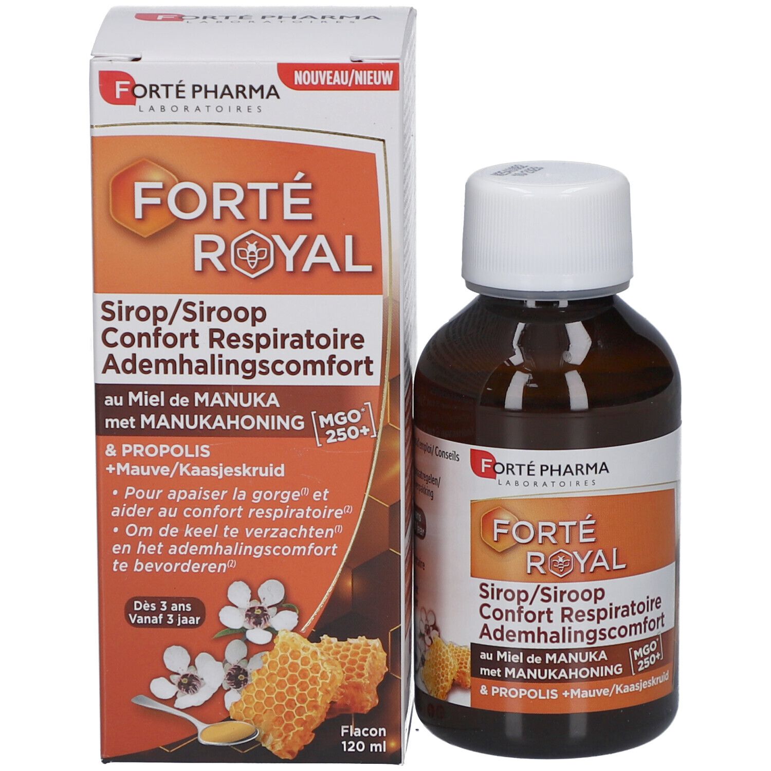 Productverpakking en fles. Tekst: Forte Royal, Siroop, Confort Respiratoire, MGO 250+.