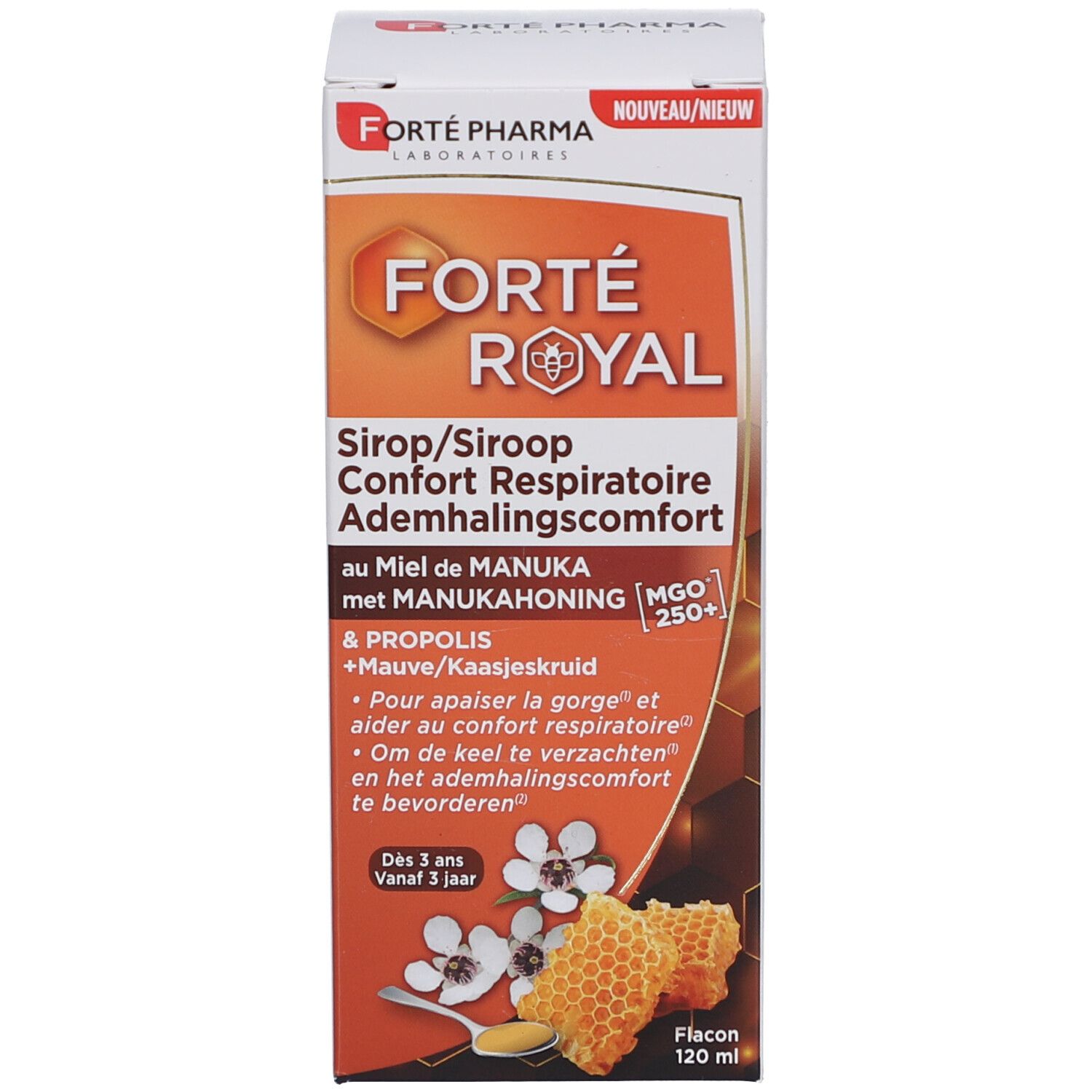 Productverpakking. Tekst: Forte Royal, Siroop, Confort Respiratoire, MGO 250+.