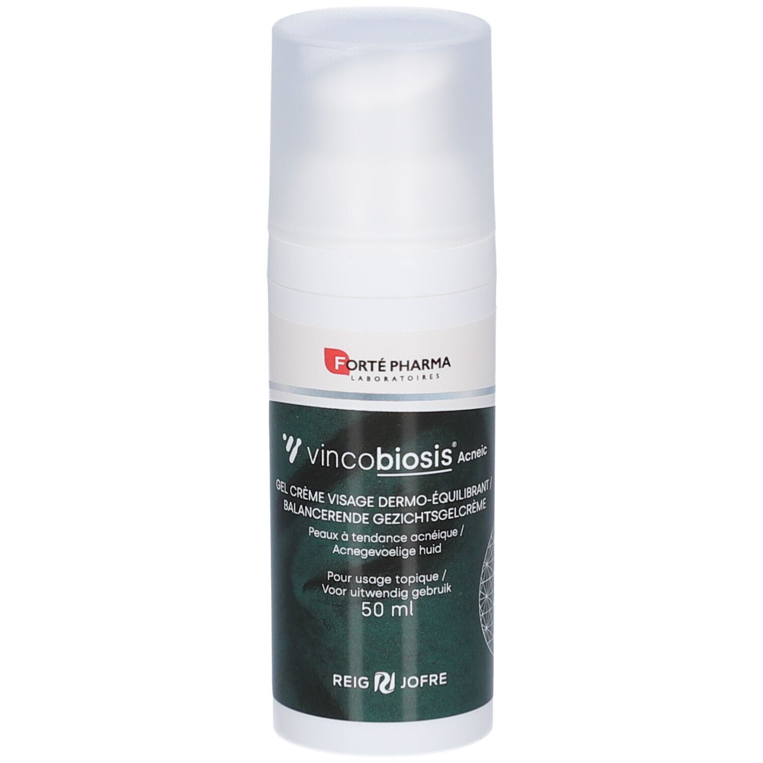 Flacon blanc avec étiquette verte. Contient du texte et le logo Vincobiosis. Bouchon transparent. Nom du produit visible.