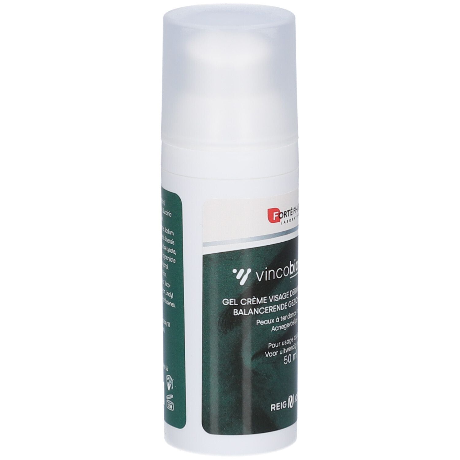 Flacon blanc avec étiquette verte. Contient du texte et le logo Vincobiosis. Bouchon transparent. Nom du produit visible.