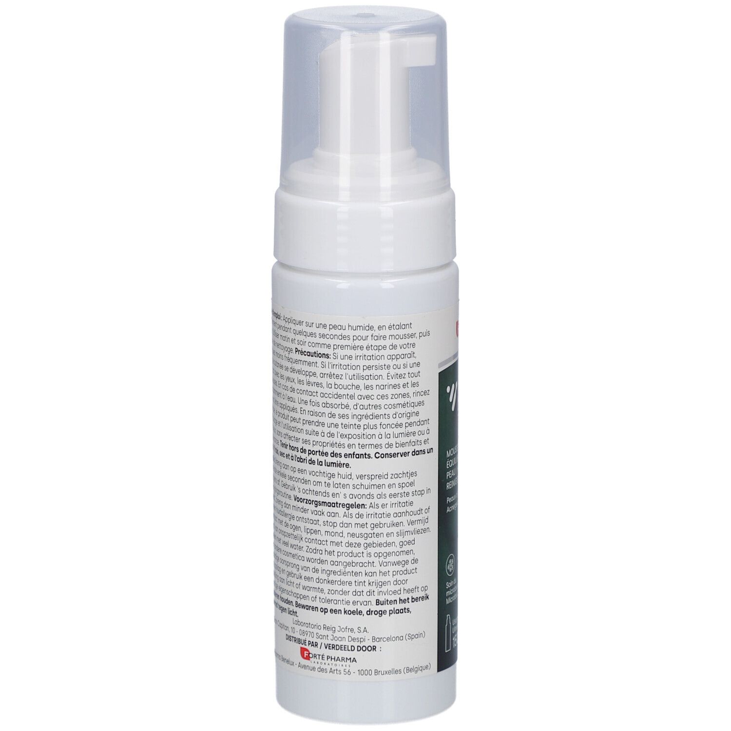 Achterkant van de witte fles. Meertalige tekst. Logo Forte Pharma. Ingrediënten en voorzorgsmaatregelen.