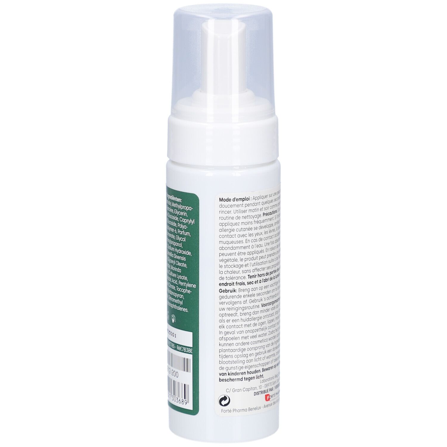 Achterkant van de witte fles. Meertalige tekst. Gebruiksaanwijzing en andere informatie.