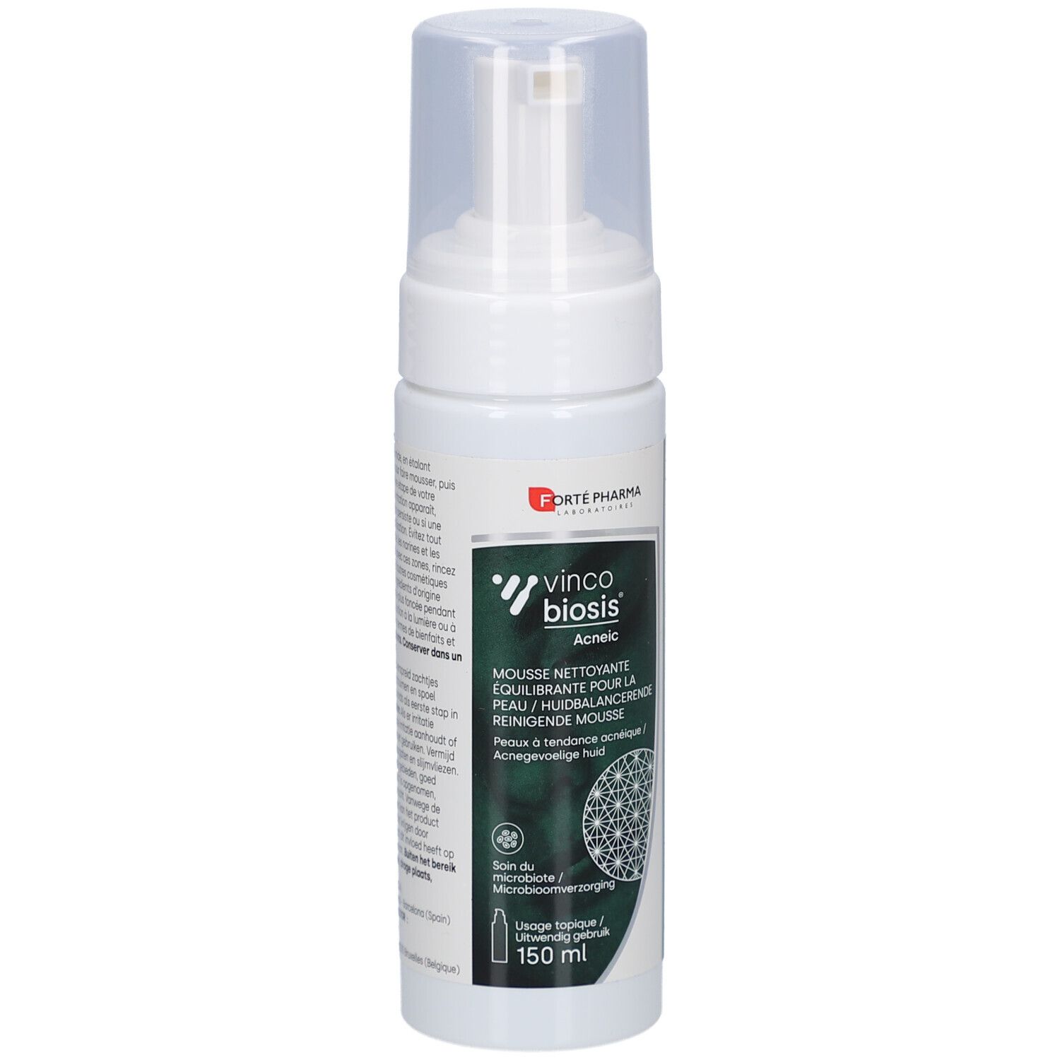 Witte fles met sproeikop. Opschrift: Vincobiosis Acneic Mousse. 150 ml. Logo Forte Pharma.