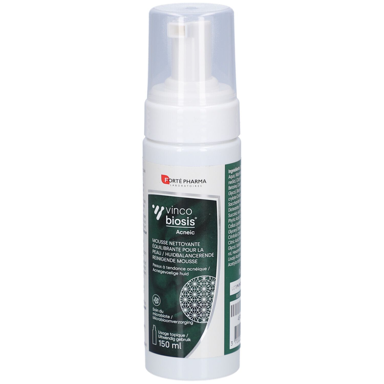 Witte fles met sproeikop. Opschrift: Vincobiosis Acneic Mousse. 150 ml. Logo Forte Pharma.
