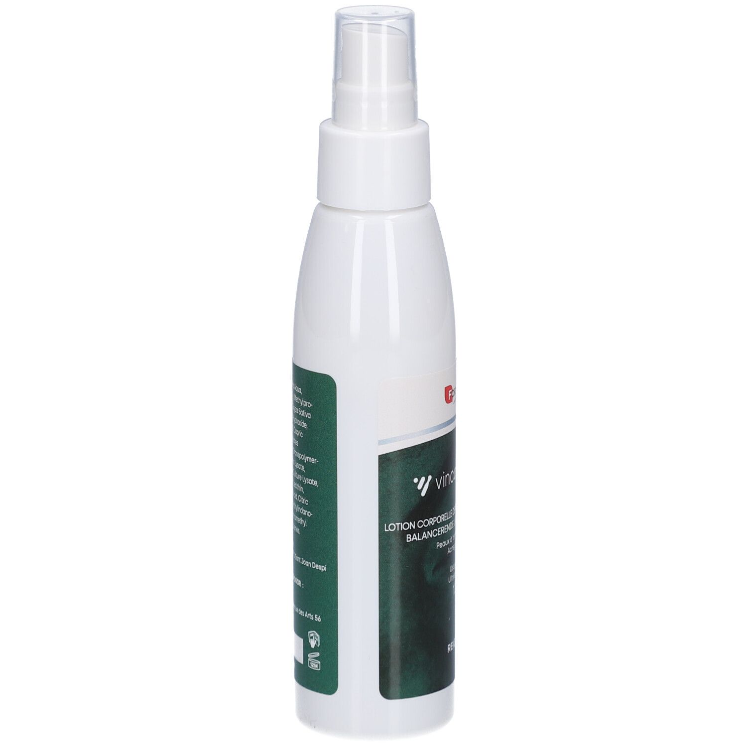 Witte sprayfles met groen etiket. Bevat lotion. Forte Pharma logo zichtbaar.