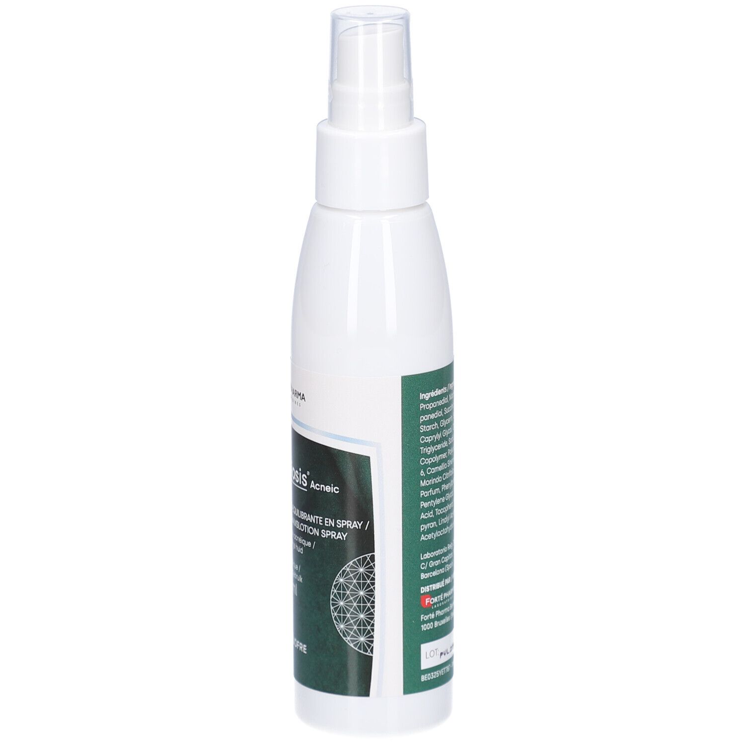 Witte sprayfles met groen etiket. Tekst: Vincobiosis Acneic, Lotion Spray.