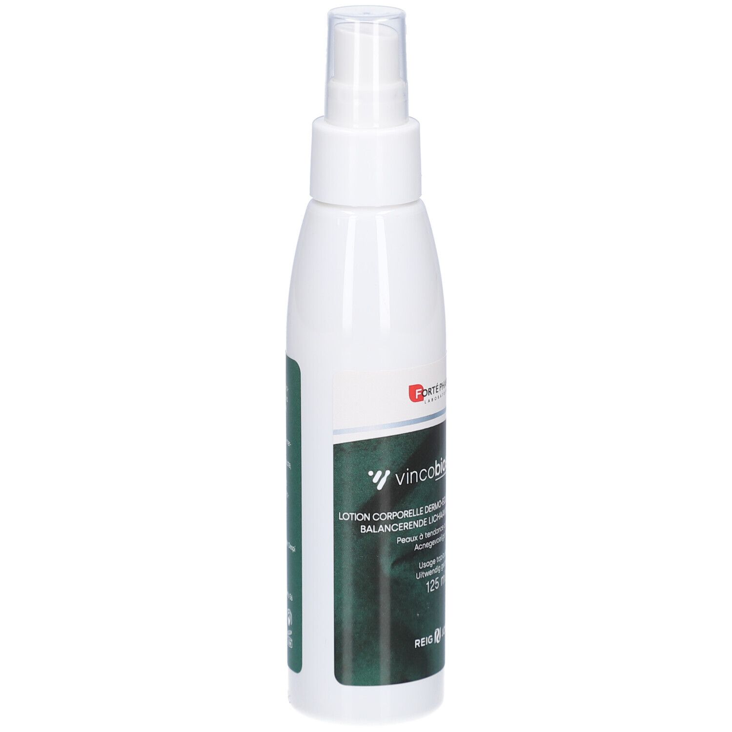 Witte sprayfles met groen etiket. Tekst: Vincobiosis, Lotion Corporelle, 125 ml.