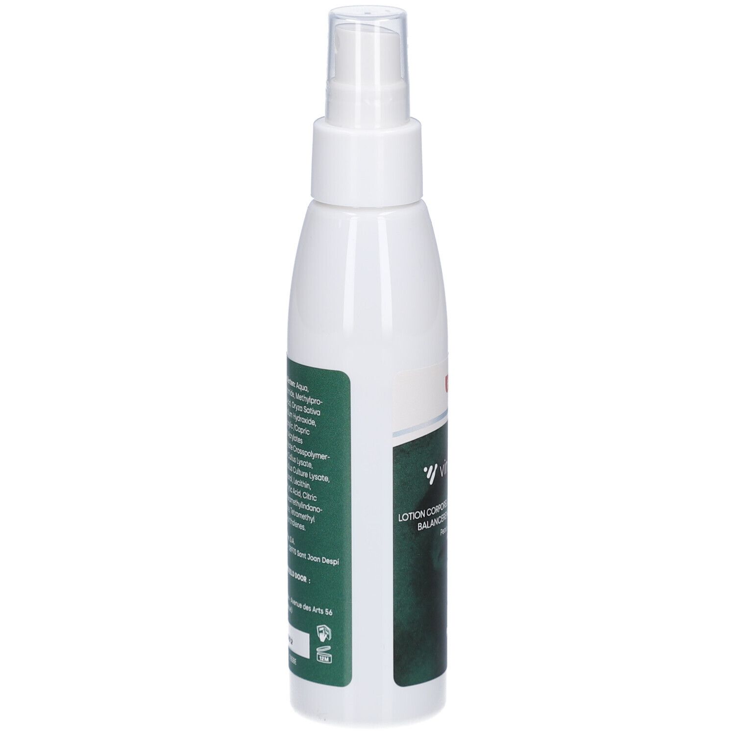 Witte sprayfles met groen etiket. Tekst: Lotion Corporelle, 125 ml, ingrediënten.