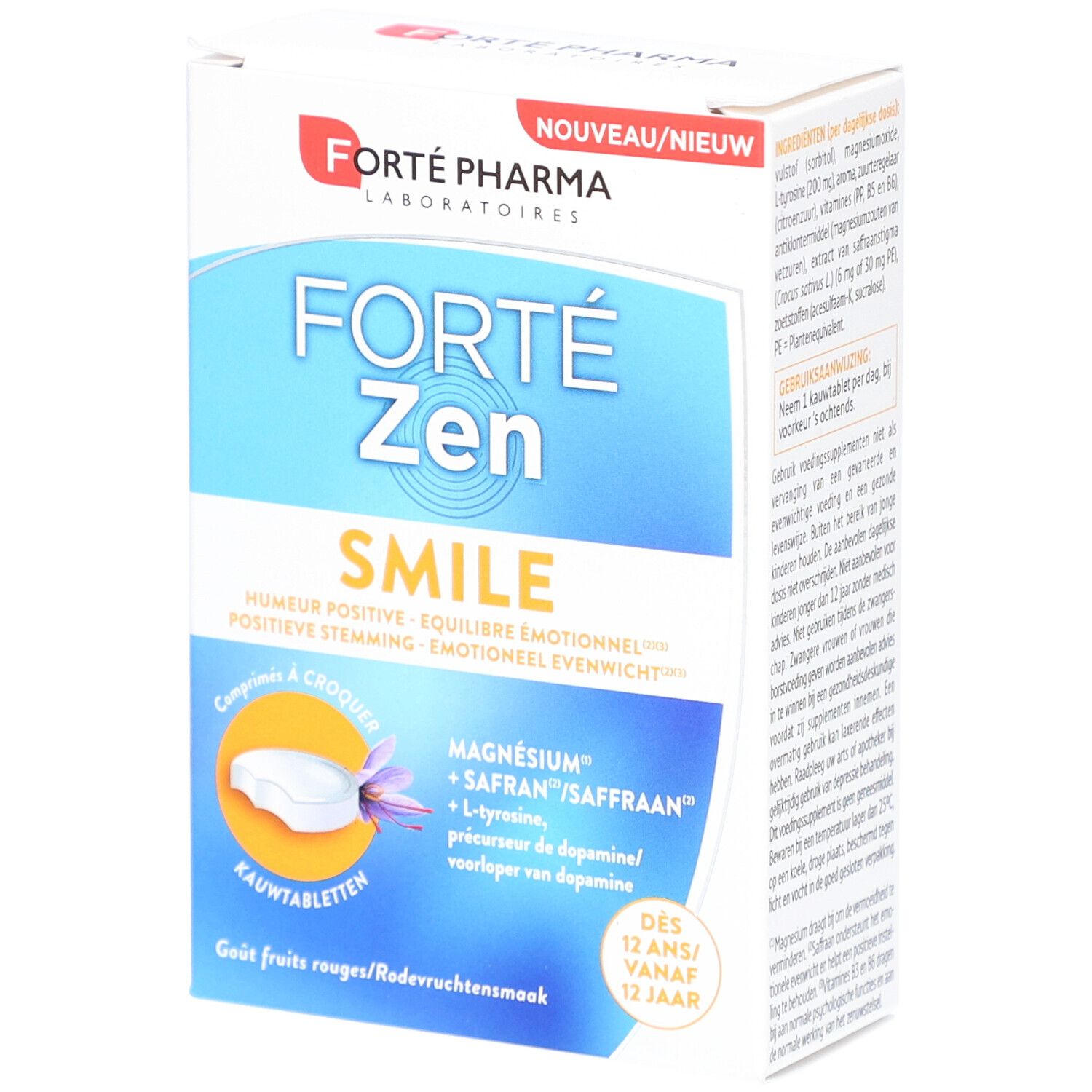 Verpakking Forte Pharma Forte Zen Smile. Productinfo en ingrediënten. Opschrift: 'Comprimés à croquer'.