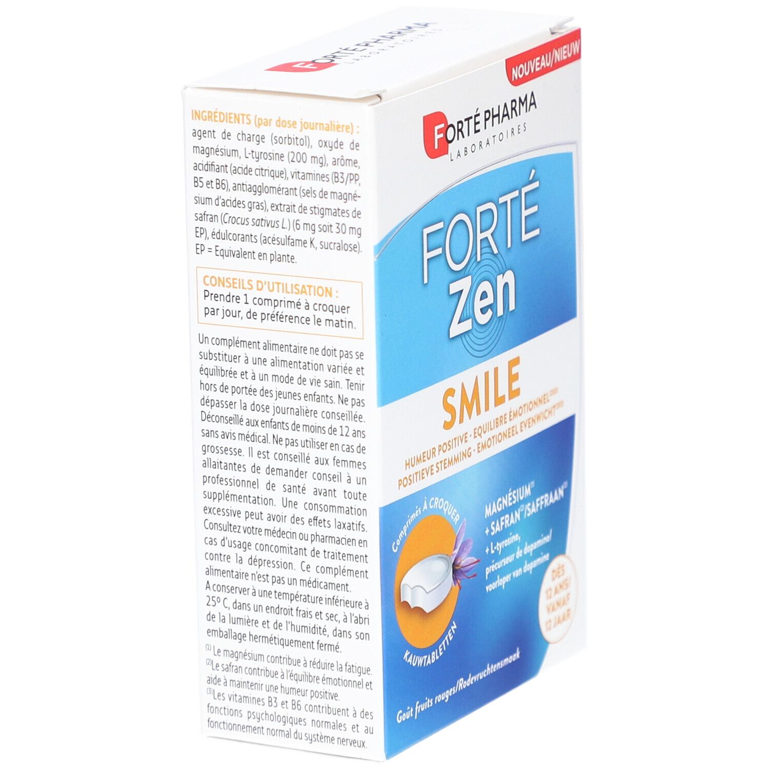 Forte Pharma Forte Zen Smile verpakking. Zijaanzicht met ingrediënten en info. Opschrift: 'Comprimés à croquer'.