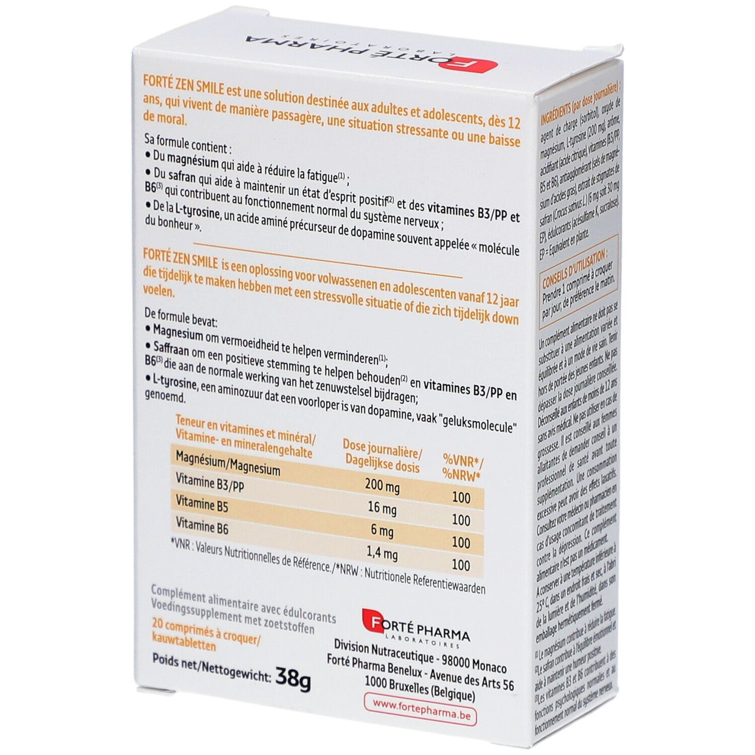 Forte Pharma Forte Zen Smile verpakking. Achterkant met voedingswaarde en ingrediënten. 20 tabletten.
