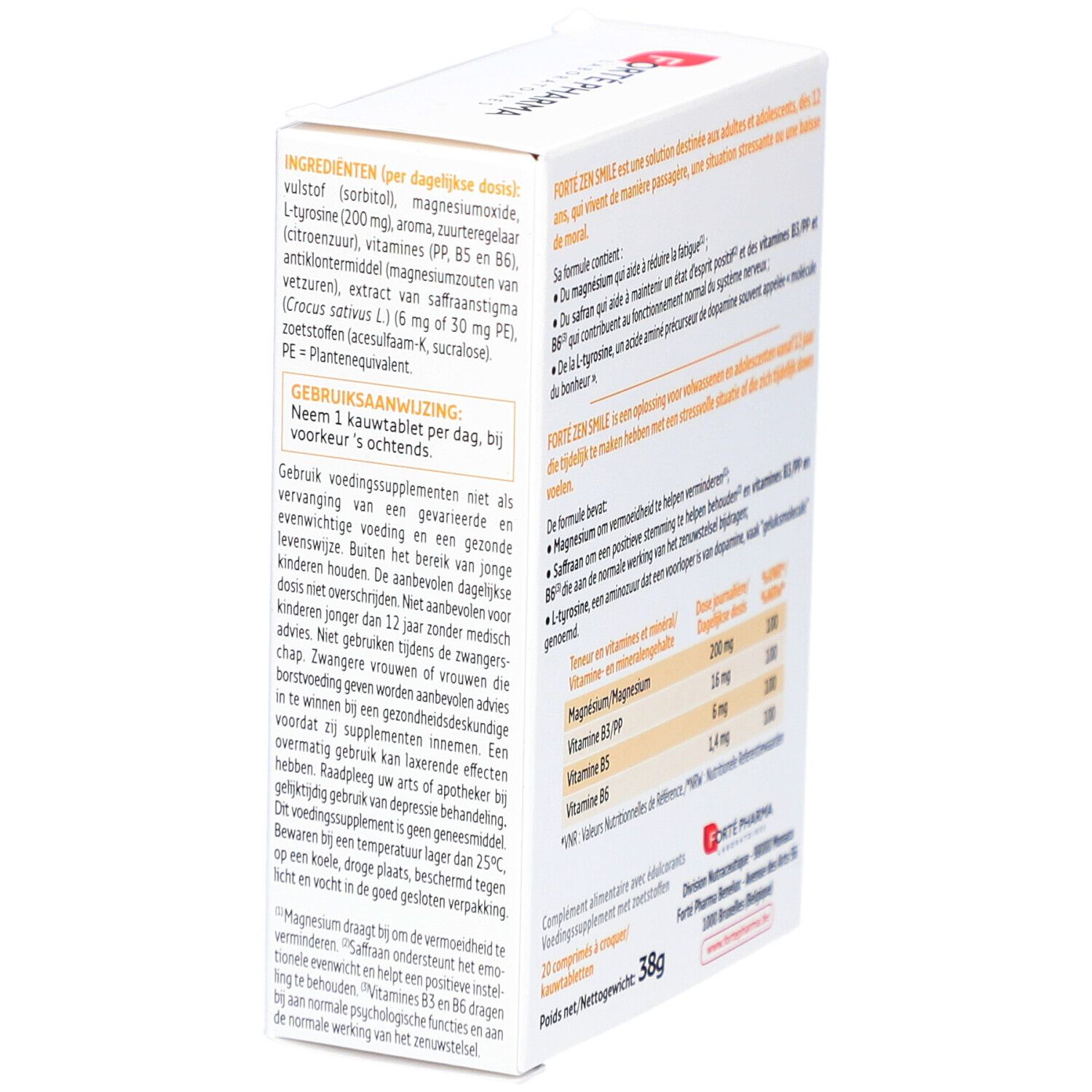 Forte Pharma Forte Zen Smile verpakking. Zijaanzicht met info en ingrediënten. 38g.