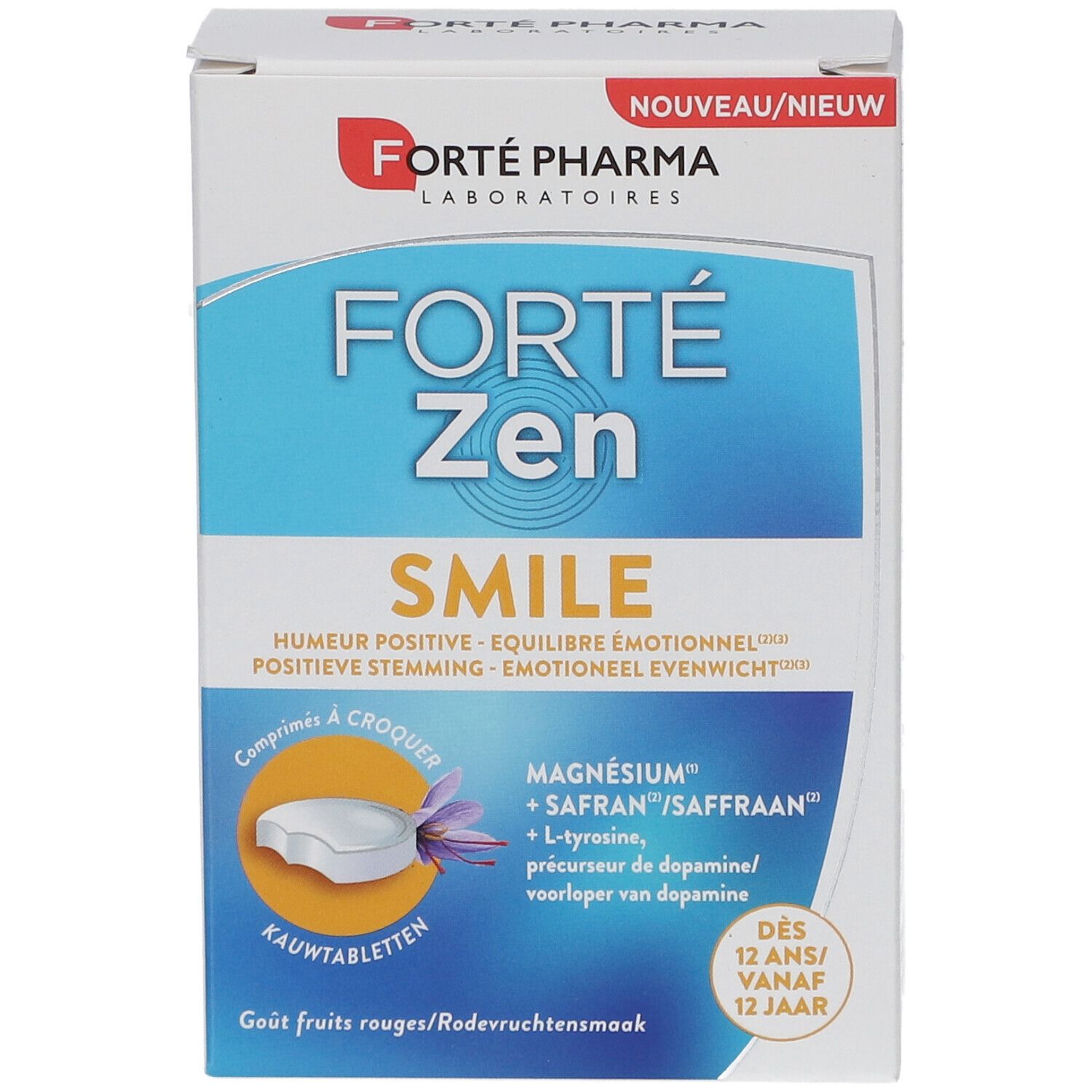 Forte Pharma Forte Zen Smile verpakking. Vooraanzicht met naam en ingrediënten. 'Comprimés à croquer'.