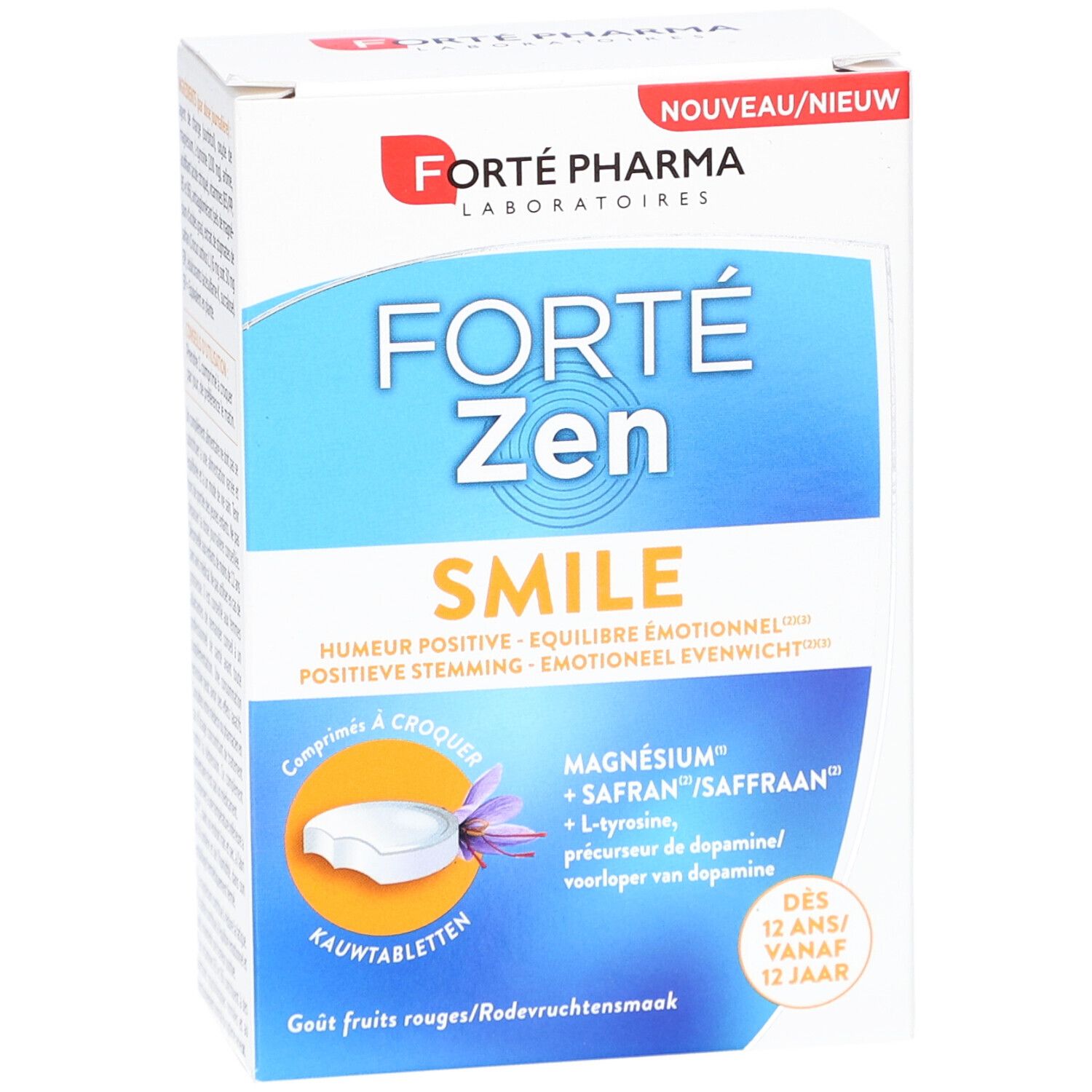 Forte Pharma Forte Zen Smile verpakking. Vooraanzicht met naam en ingrediënten. 'Comprimés à croquer'.