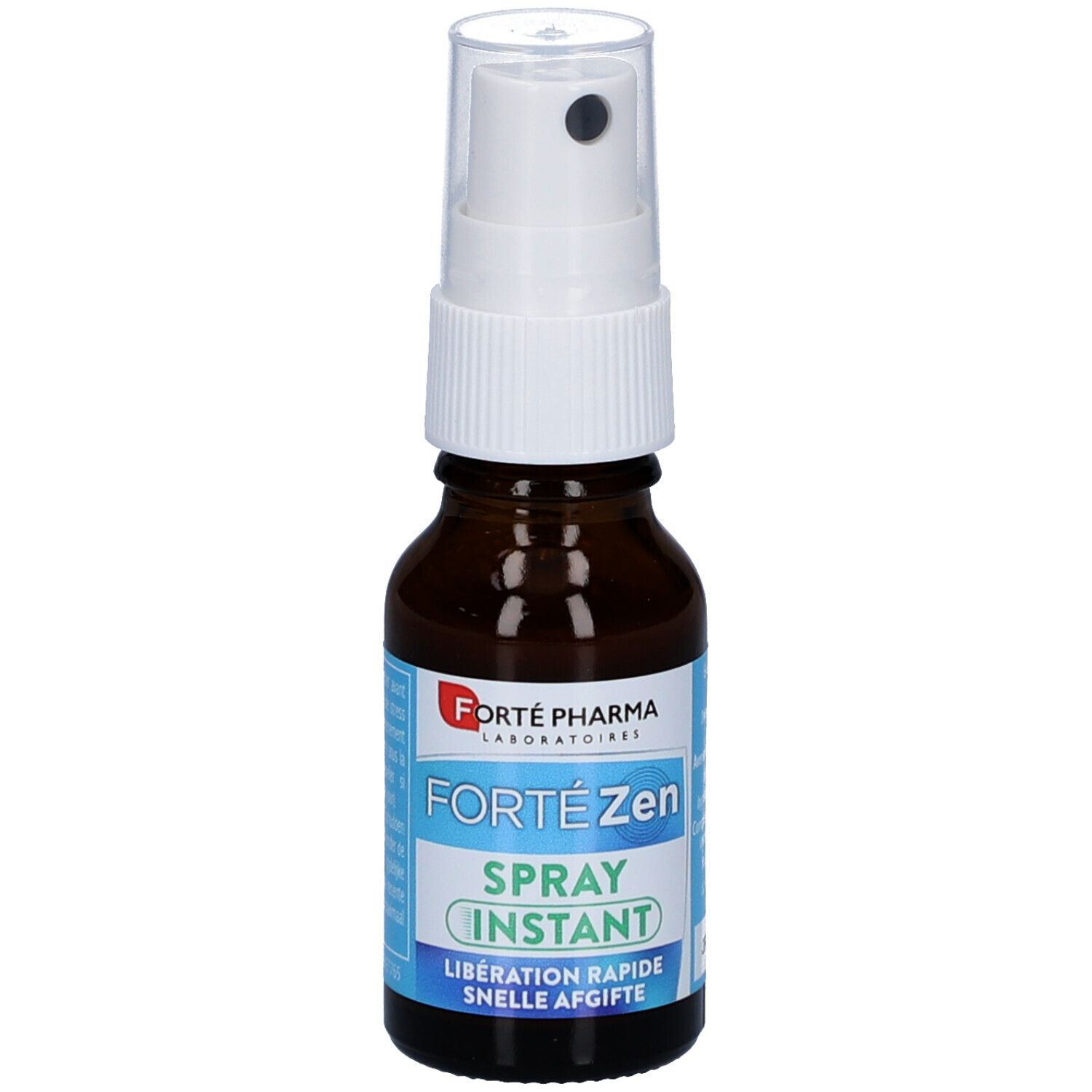 Flacon en verre brun avec vaporisateur blanc. Inscription: Forte Zen Spray Instant. Étiquette avec informations produit.
