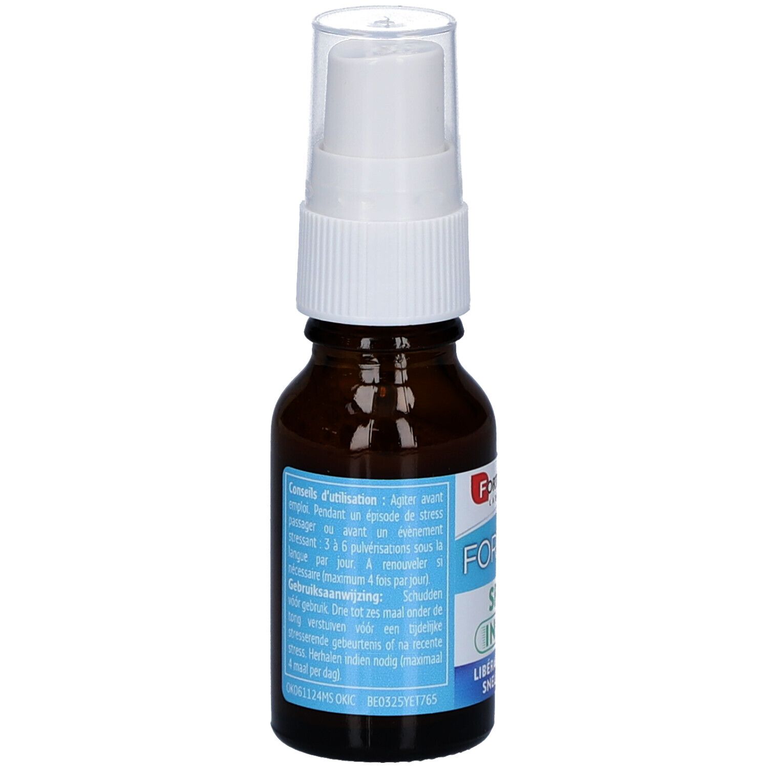 Flacon en verre brun avec vaporisateur blanc. Inscription: Forte Zen Spray Instant. Étiquette avec informations produit.