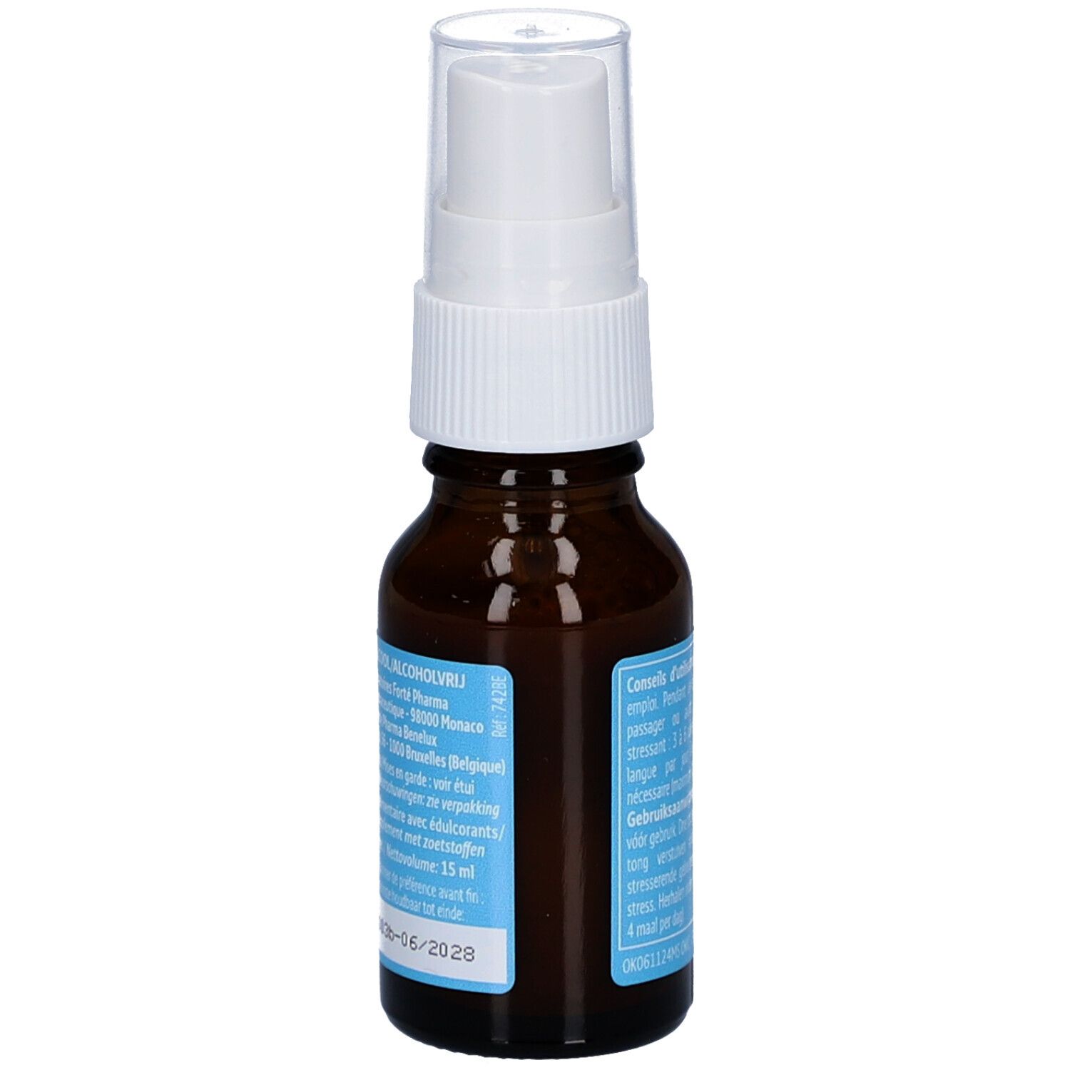 Flacon en verre brun avec vaporisateur blanc. Inscription: Forte Zen Spray Instant. Étiquette avec informations produit.